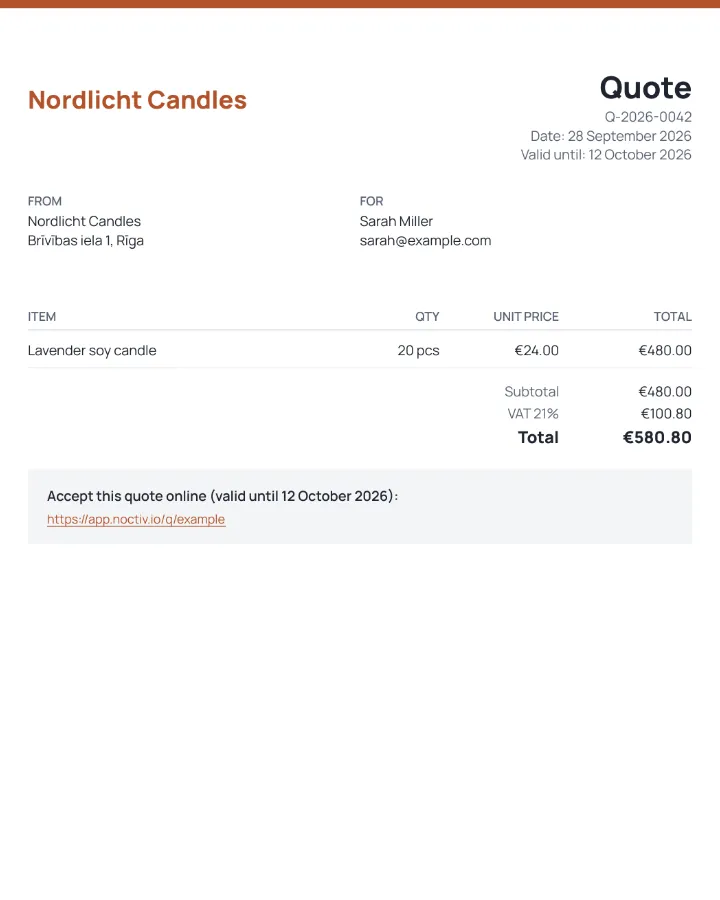 The quote PDF: 20 lavender soy candles, €580.80 with VAT, accept online.