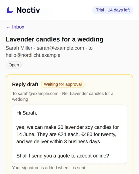 Noctiv's draft reply in the app, waiting for approval: 20 candles, €24 each.